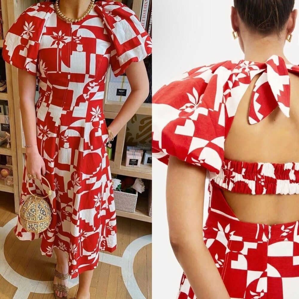 NWT Rebecca Vallance Barcelona Printed Linen Blend Midi Dress Size US 4